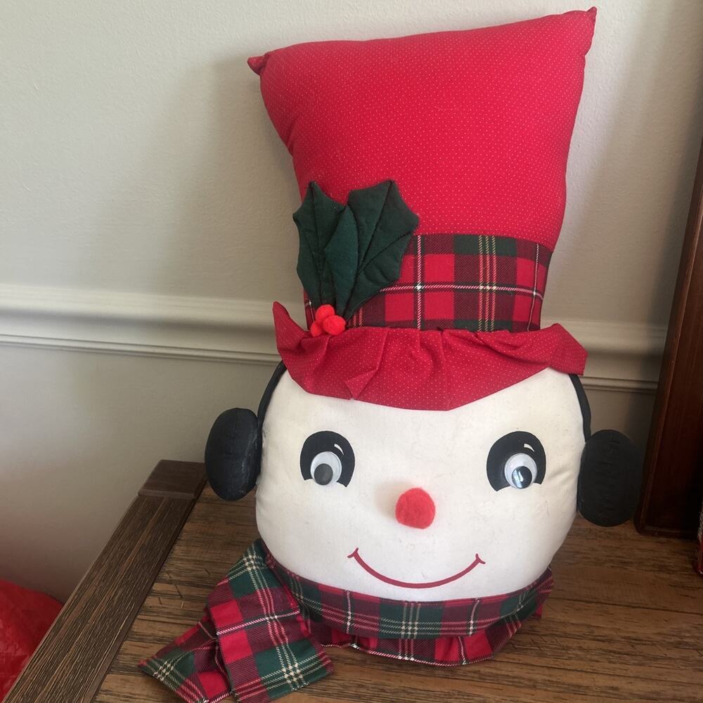 Snowman Vintage Stuffed Christmas Hanging Pillow Head Scarf 19” Tall Holiday